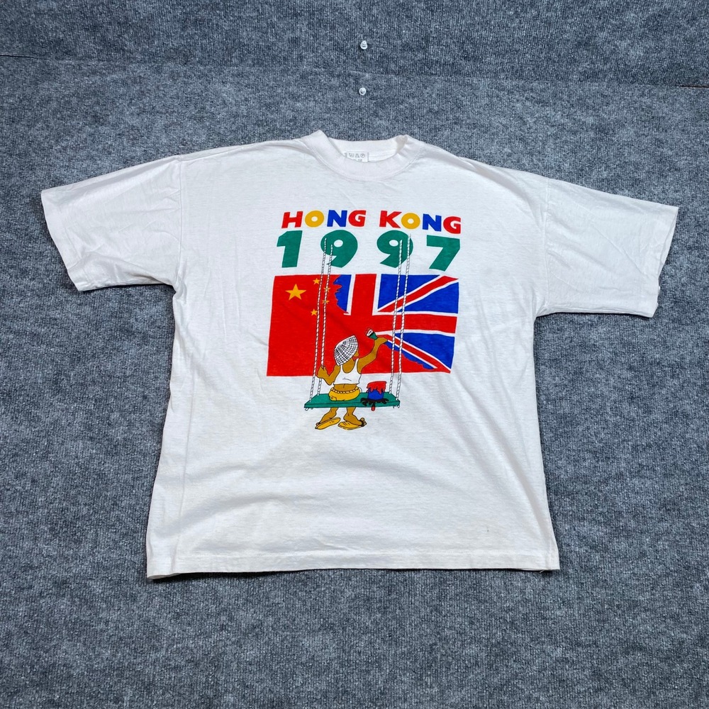 Vintage 1997 Hong Kong Handover T-Shirt White Single Stitch Graphic‎ XL Mens